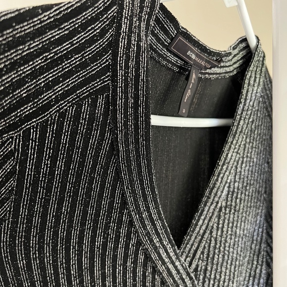BCBG MAXAZRIA Silver on Black, Metallic lightweight knit Short Wrap Dress - Picture 6 of 14